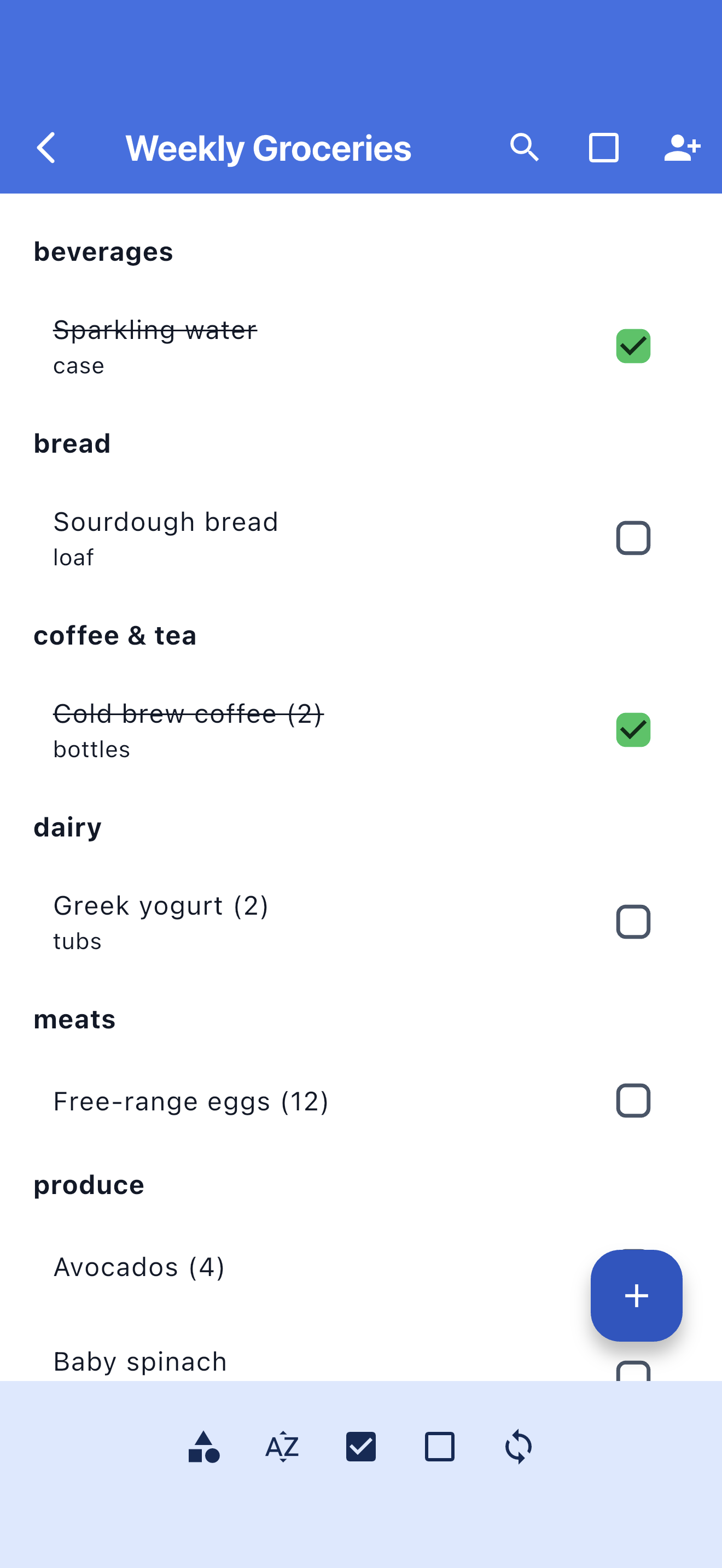 SwiftLists weekly groceries sorted into store categories