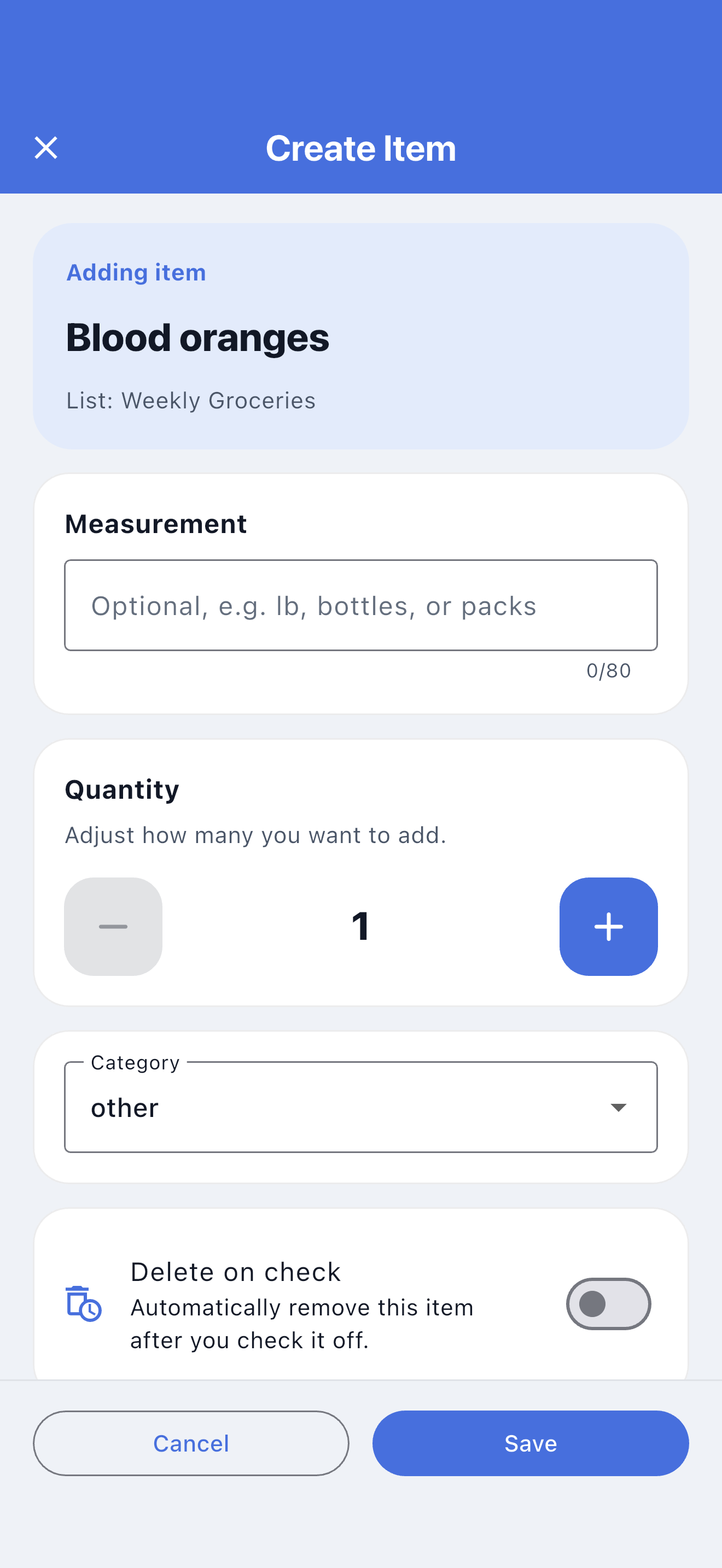 SwiftLists item details with quantity and category controls