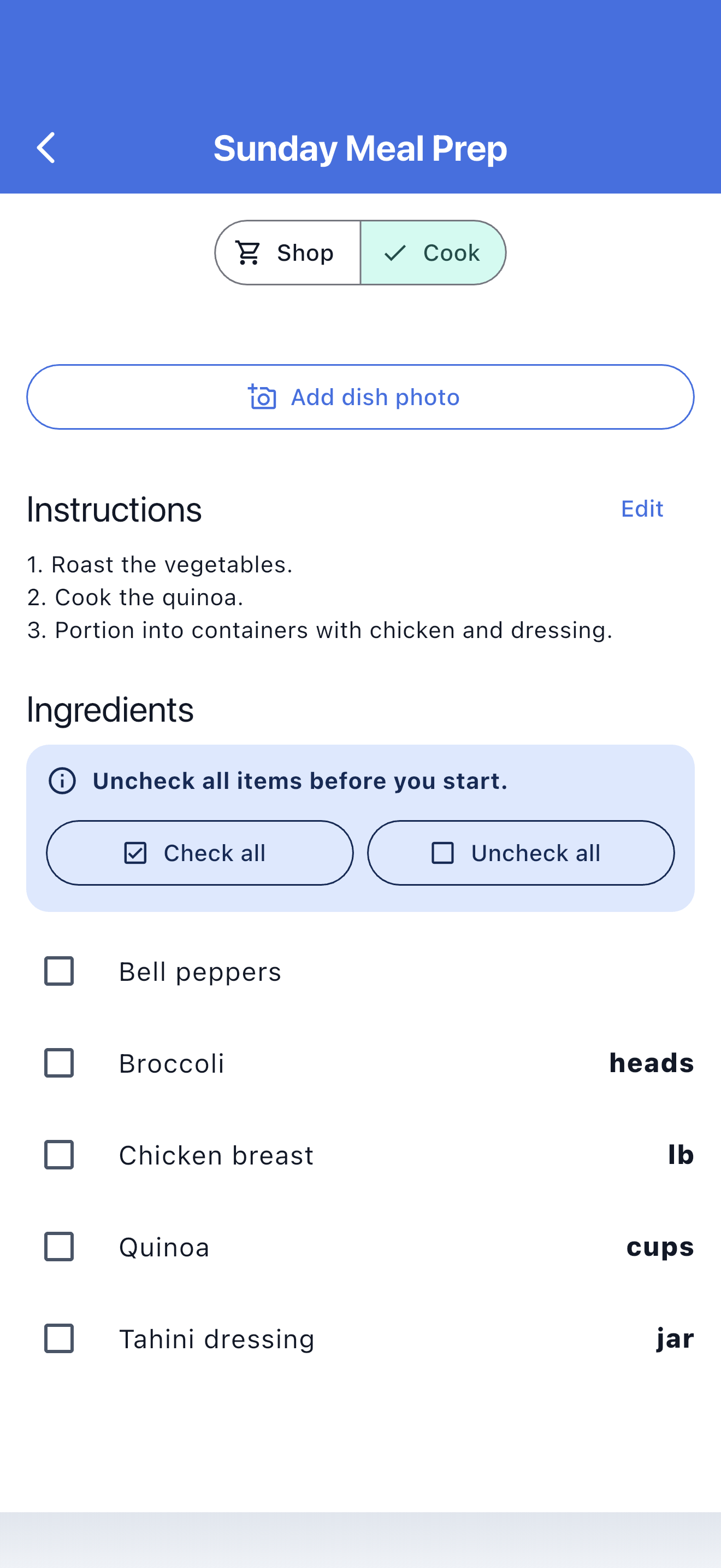 SwiftLists Cook mode with measurements and recipe instructions
