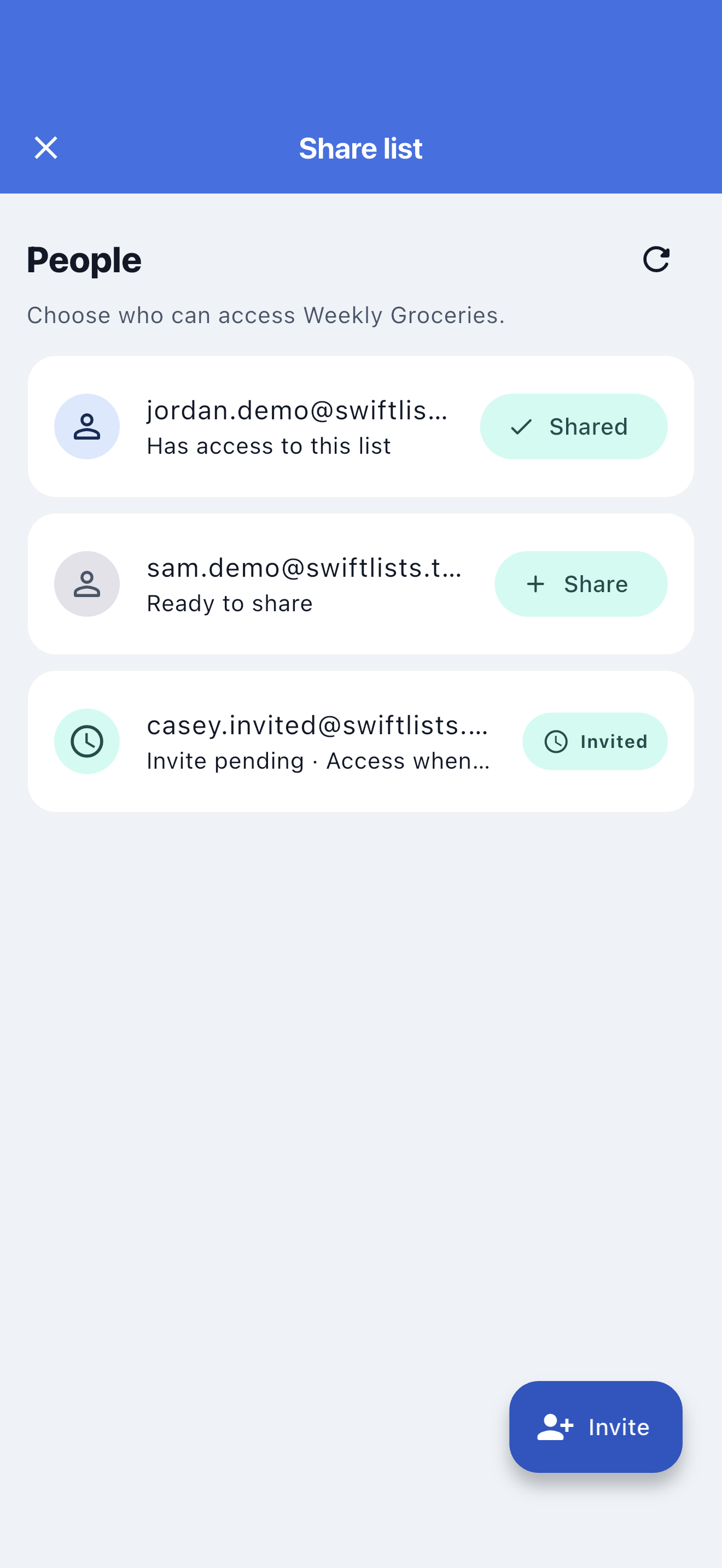 SwiftLists sharing screen with shared access and a pending invitation