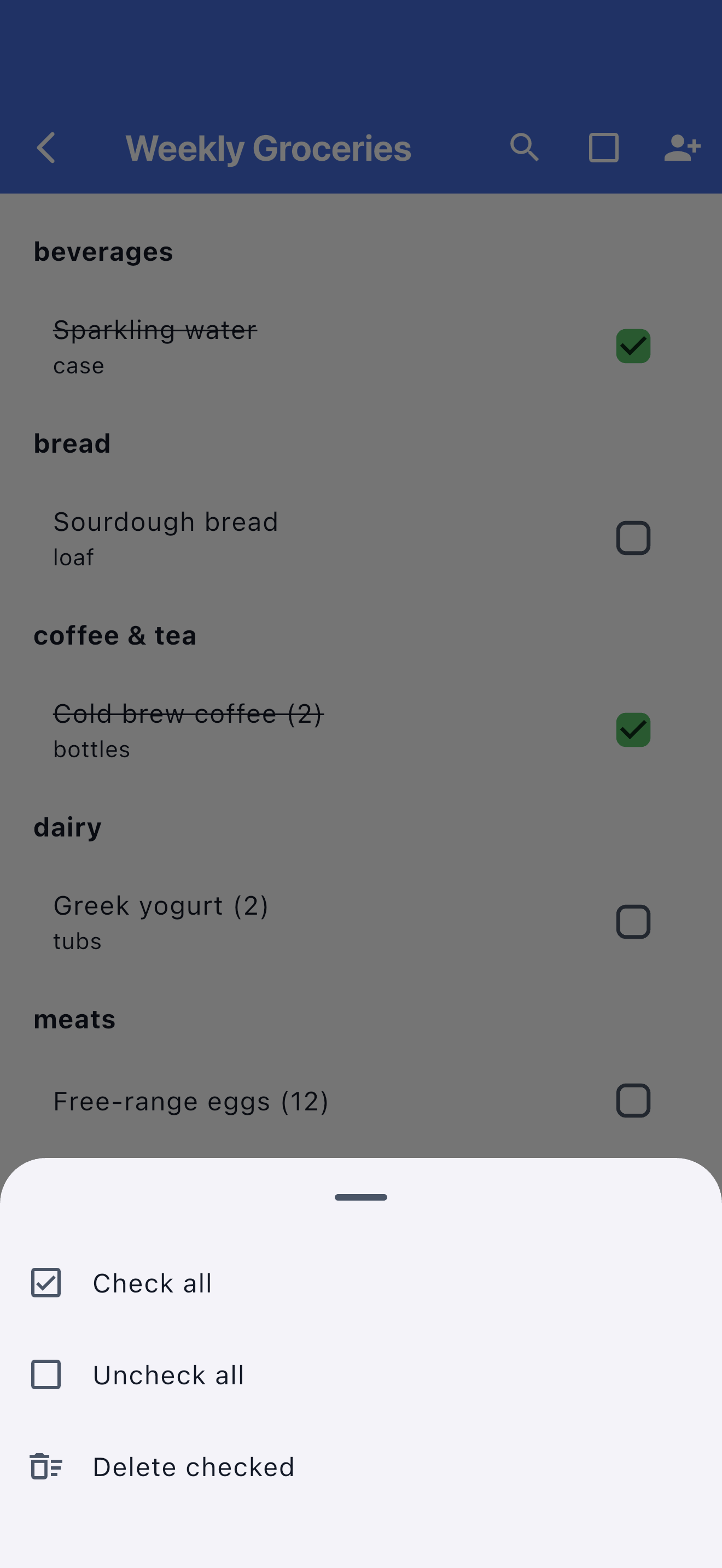 SwiftLists bulk actions for checking, unchecking, and managing grocery list items