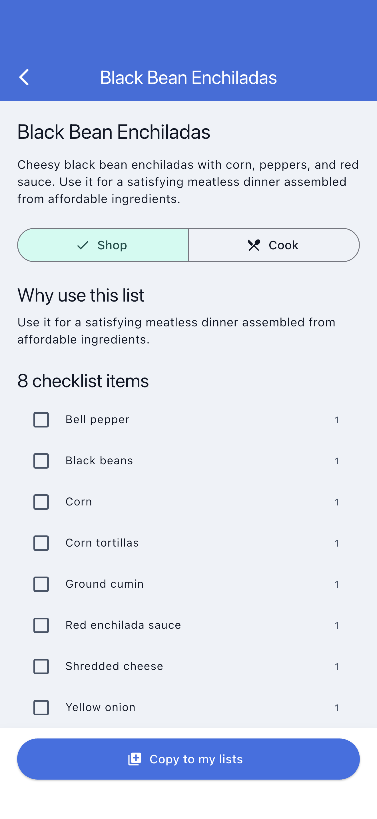 SwiftLists recipe template with ingredients ready to copy