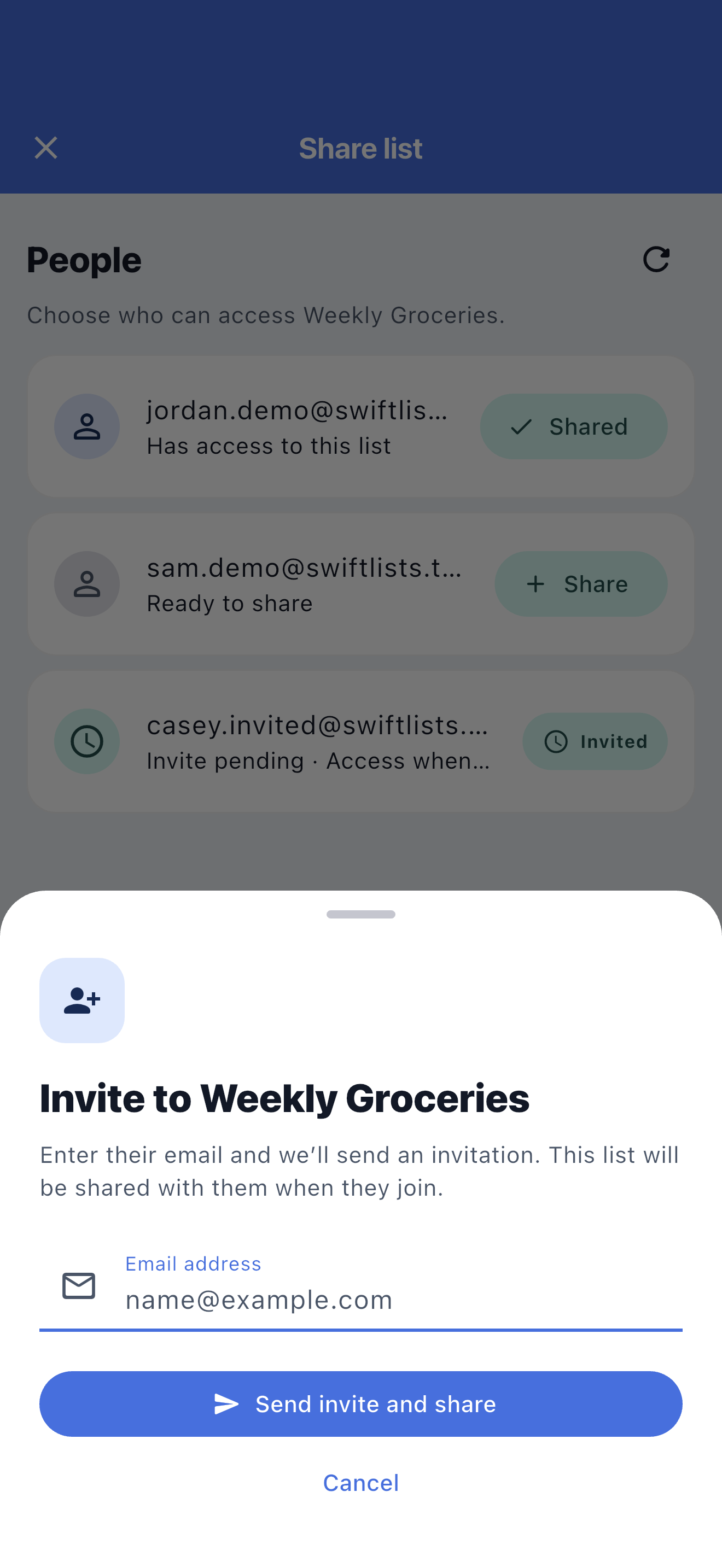 SwiftLists screen for connecting with another list user