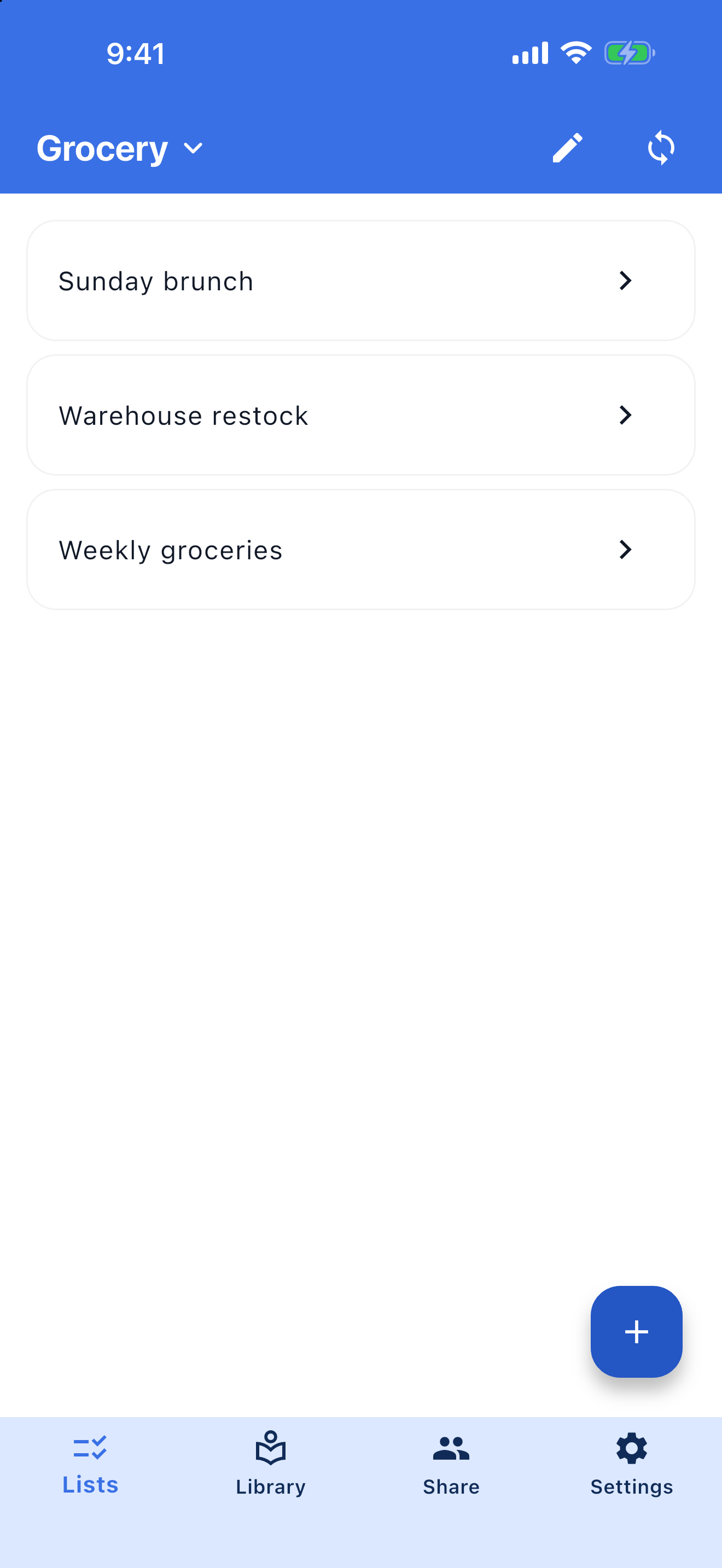 Fresh simulator screenshot of the demo account with Weekly groceries, Warehouse restock, and Sunday brunch lists