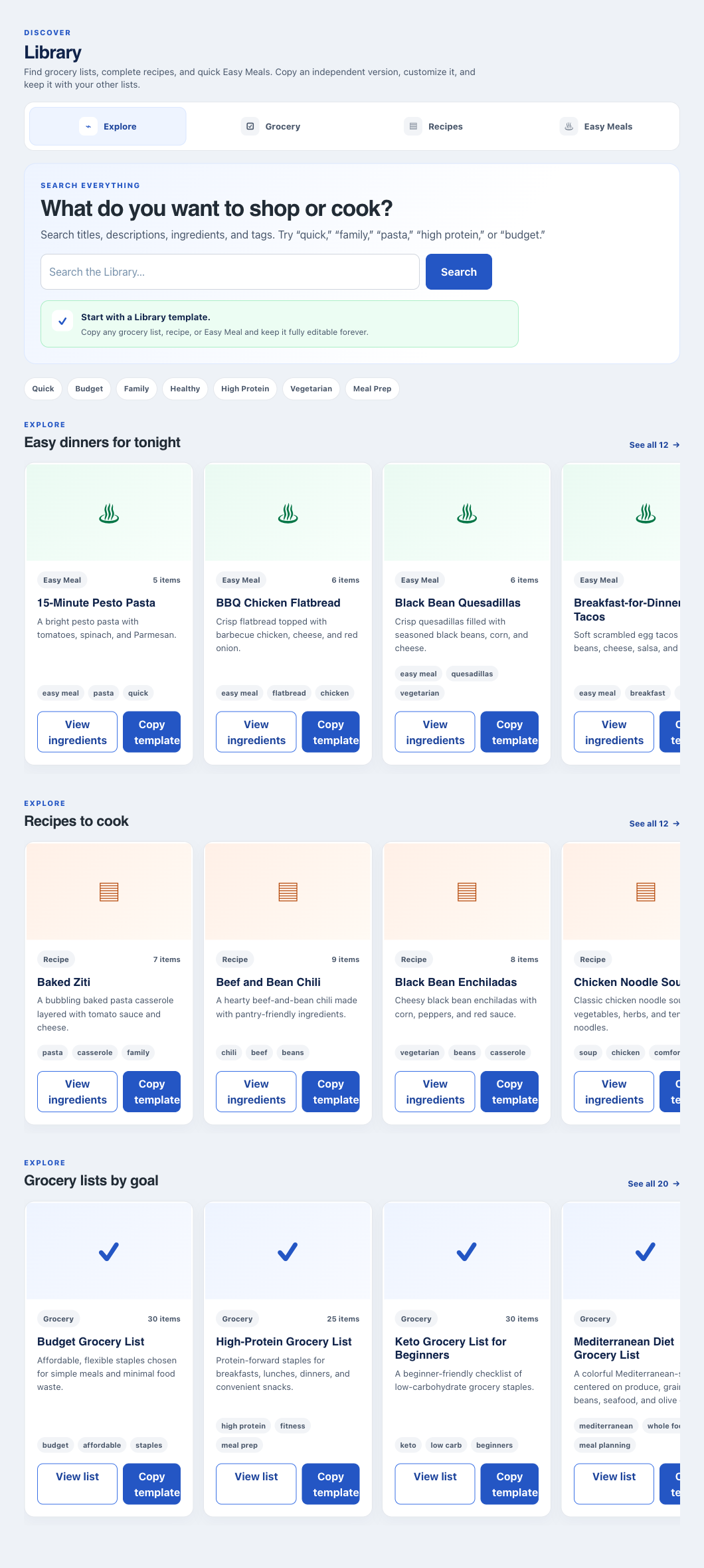Real SwiftLists web Library with searchable grocery list templates and category filters