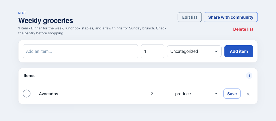 Real SwiftLists web dashboard showing a weekly grocery list, item quantities, categories, and checkboxes